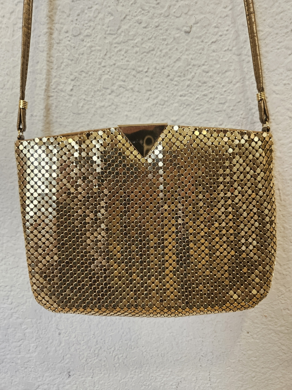 Vintage Bueno Gold Metal Mesh Evening Bag 80s Triangle Tab Shoulder Purse Disco